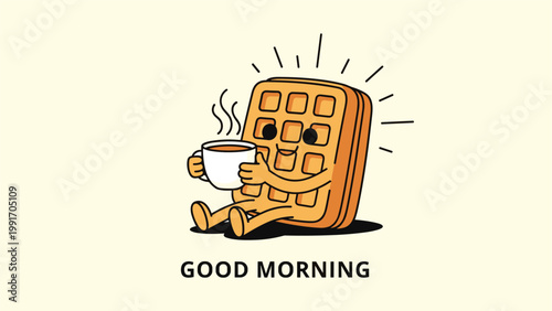 Happy cartoon waffle character is sitting down and enjoying a hot cup of coffee with a cheerful good morning greeting in a cozy illustration.