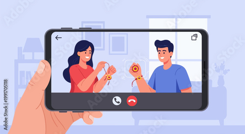 A hand holding a smartphone showing a video call between a man and a woman celebrating Raksha Bandhan.