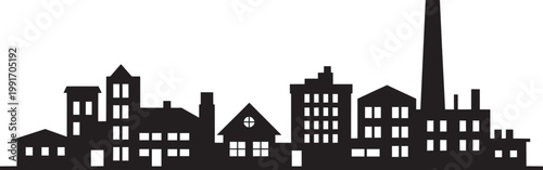 City skyline with urban buildings and industrial factory chimney silhouette on white background