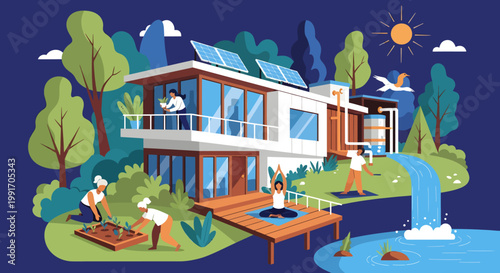 Eco friendly modern home with solar panels and family