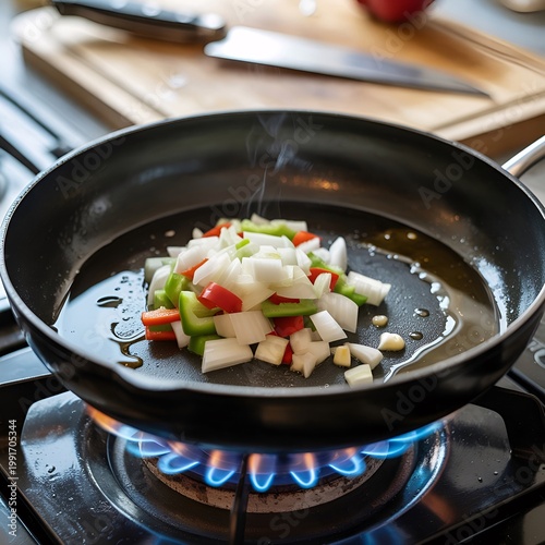 Sautéing Diced Chicken Breast and Vegetables in Cast Iron Skillet