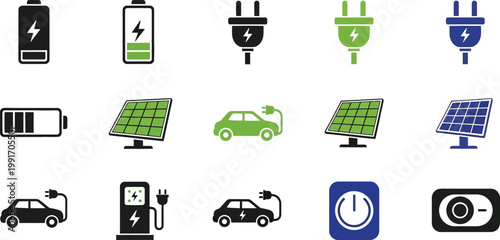 Electric vehicle charging and renewable energy icons collection