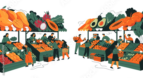 Vibrant farmers market with diverse produce and happy shoppers