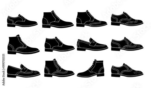 Mens leather shoe icon set oxford derby loafer brogue silhouette vector illustration isolated on white background