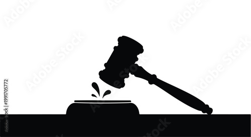 Judge gavel hitting sound effect block in courtroom litigation concept with silhouette illustration