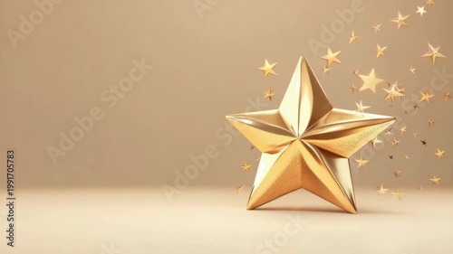 Golden star with sparkling accents on beige background