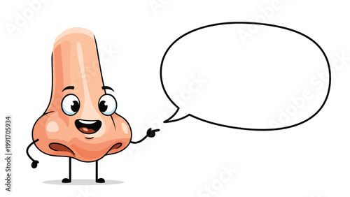 Happy cartoon human nose with eyes and a mouth is pointing towards an empty speech bubble in a funny medical or olfactory concept illustration.