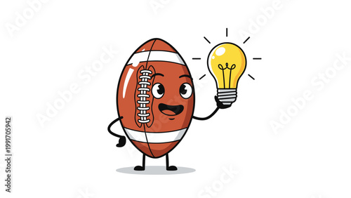 Enthusiastic american football character with a happy face is holding a glowing lightbulb to symbolize a great sports strategy or new idea.
