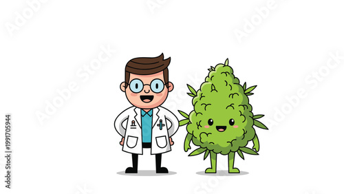 Friendly male scientist in a lab coat stands proudly next to a cute cartoon marijuana bud character for medical cannabis research concepts.