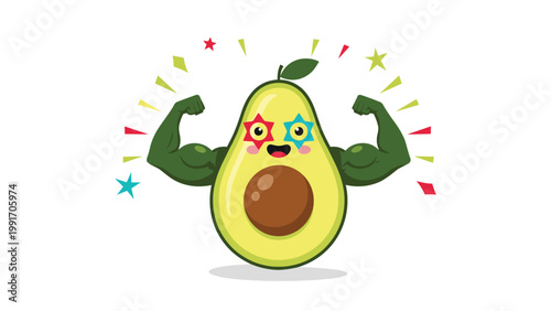 Muscular cartoon avocado character with star eyes is flexing its strong arms to represent health benefits of superfoods and fitness nutrition.