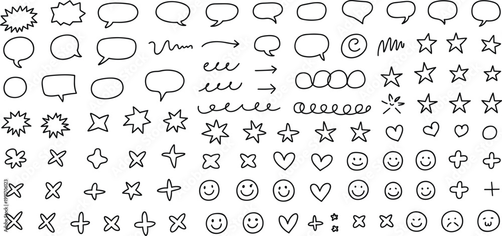 © Md - Large collection of hand drawn doodle vector elements including speech bubbles hearts stars and smiley faces for bullet journal decoration