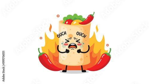 Spicy cartoon burrito character is crying in pain while surrounded by hot chili peppers and flames to represent very hot and spicy food items.