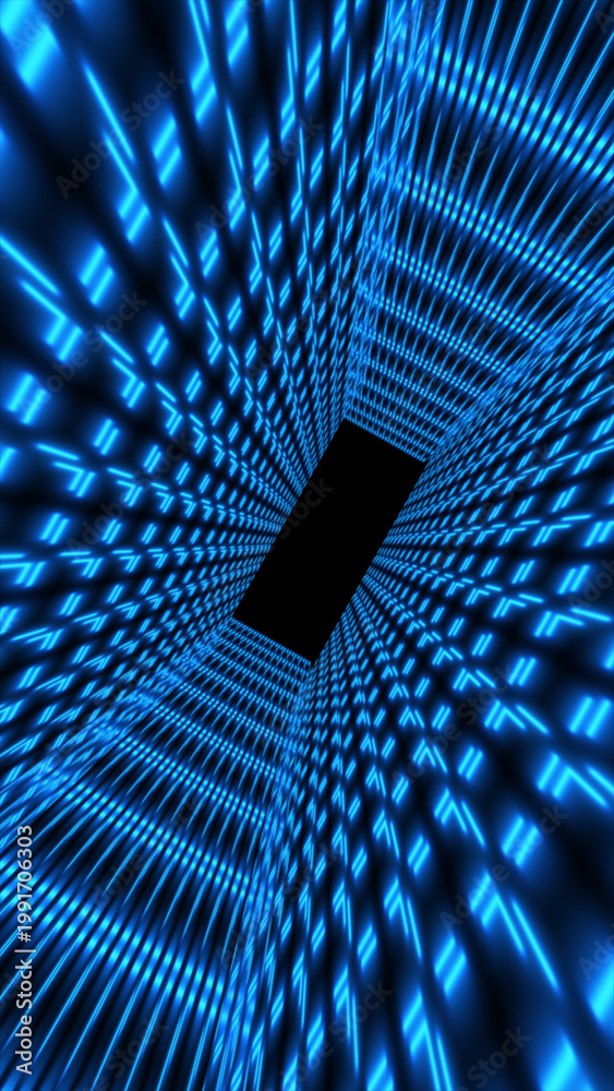 Fototapeta premium Futuristic blue digital tunnel with repeating neon symbols and deep perspective, cyberspace data corridor background