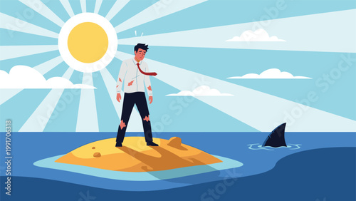 Worried businessman is stranded on a tiny desert island in the middle of the ocean while a shark fin circles nearby in a business metaphor.