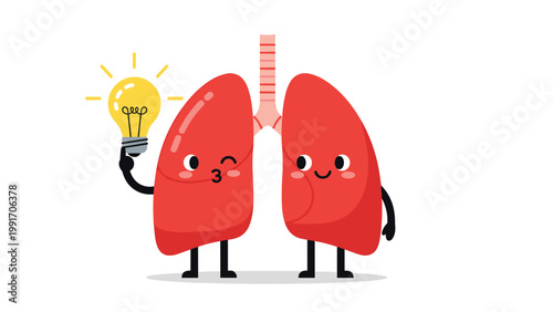 Cheerful pair of cartoon lungs is shown with one lung winking and holding up a bright lightbulb to symbolize a healthy breath or great idea.