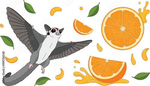 Flying Sugar Glider with Orange Slices Illustration, Cute Exotic Animal with Citrus Elements for Nature Design, Tropical Themes, and Fresh Fruit Graphic Concepts