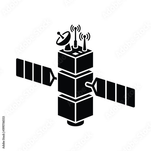 Black silhouette of a modular space satellite with solar panels and communication antennas