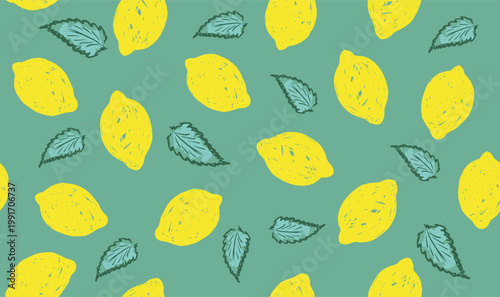 Lemons with mint leaves seamless pattern on green.