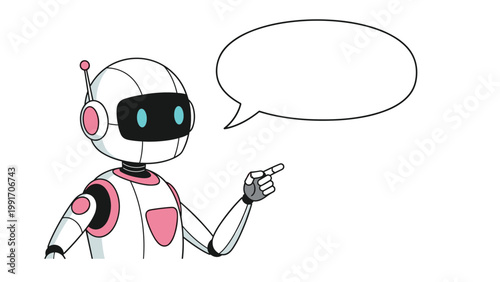 Smart robot character pointing his finger while standing next to an empty speech bubble for interactive ai communication concepts.
