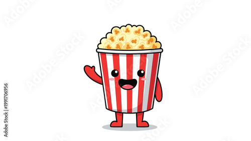 Cheerful cartoon popcorn bucket character waving its hand while smiling happily for cinema movie theater and snack food concepts.