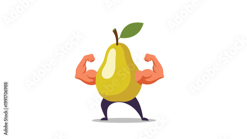 Powerful pear fruit character with strong muscular arms flexing to represent the health benefits and nutrition of fresh organic food.