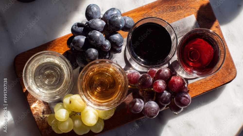 Naklejka premium Tasting Flight of Assorted Wines with Fresh Grapes in Sunlight