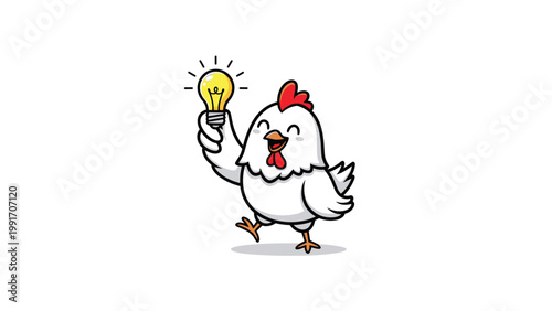 Happy cartoon chicken character holding a glowing yellow lightbulb to symbolize a bright idea or creative inspiration for farming.