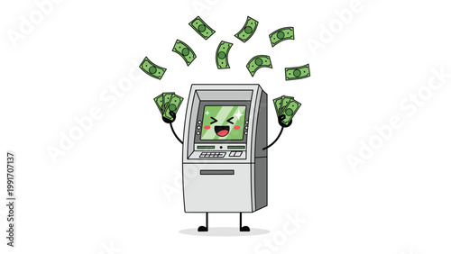Exciting cartoon atm machine character throwing green dollar bills into the air to celebrate financial success and banking wealth.