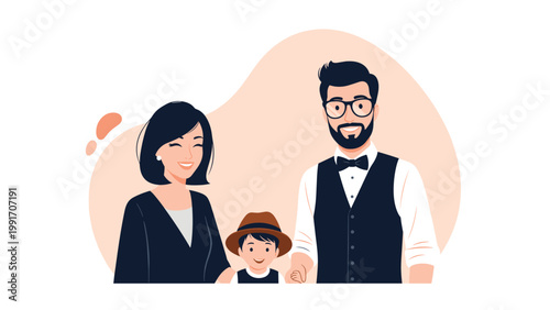 Portrait of a happy family with a mother and father smiling alongside their young child for community and relationship themes.