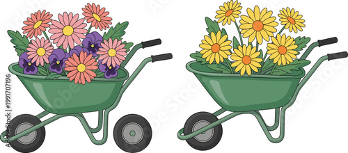 Garden Wheelbarrow with Colorful Flowers Illustration Set, Floral Gardening Elements with Blooming Plants for Spring Design, Landscaping Graphics, and Nature Themed Projects