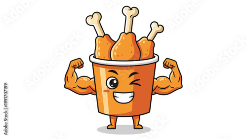 Strong cartoon fried chicken bucket character flexing its muscular arms to show off the power and taste of fast food snacks.