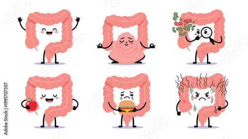 Collection of cartoon intestine characters showing different health conditions including meditation and sickness for medical education.