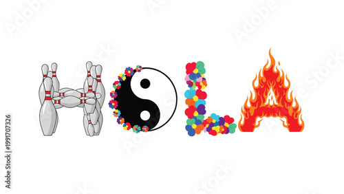 Creative typography of the word hola using unique shapes like bowling pins and yin yang symbols for a fun multi cultural greeting.