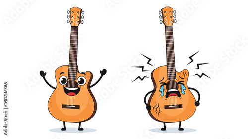 Two cartoon acoustic guitars where one is happy and waving and the other is broken and crying due to damage for music lessons.