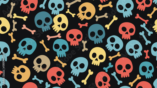 Vibrant seamless pattern with colorful skulls and bones on a black background for edgy fashion designs and halloween celebrations.