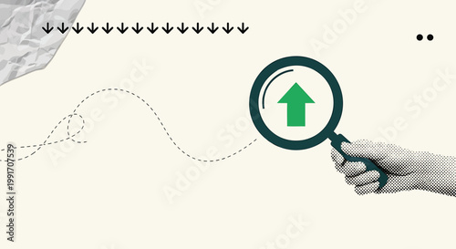 Business growth, success, and analysis concept, magnifying glass with green arrow, vector illustration