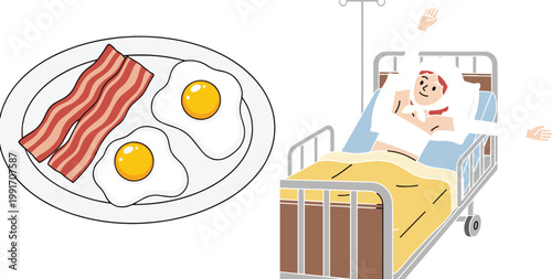Hospital Patient Recovery Concept Vector Illustration with Bedridden Man and Breakfast Plate with Eggs and Bacon for Healthcare, Nutrition, and Medical Care Design