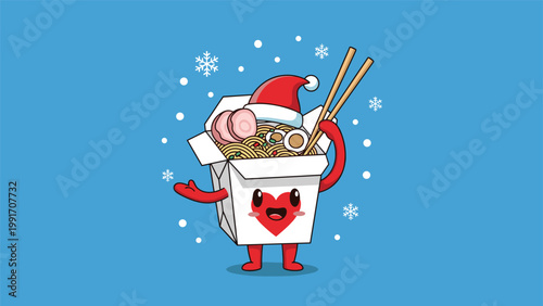 Joyful cartoon noodle box wearing a red santa hat is holding chopsticks surrounded by snowflakes for a festive asian food theme illustration.