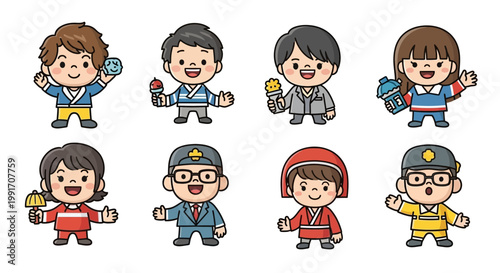 Eight cute cartoon figures representing various roles and activities