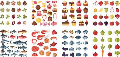 Large Food Collection Vector Set Featuring Fruits Vegetables Seafood Desserts and Spices with Isolated Icons for Menu Design Packaging and Healthy Lifestyle Concepts