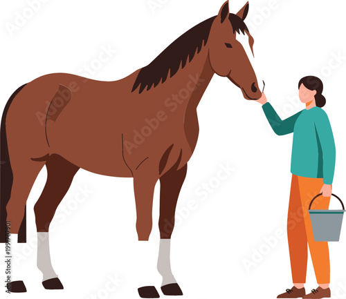 Man Feeding Horse Vector Illustration with Caretaking Scene Showing Farmer Giving Food to Domestic Animal for Agriculture, Ranch, and Livestock Care Design