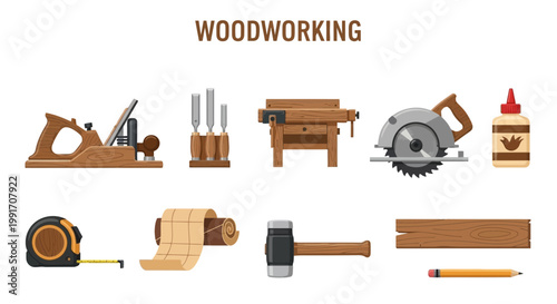 Woodworking tools and materials displayed in two rows against a white background