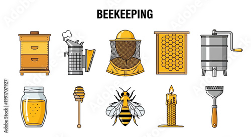 Vector illustration of various beekeeping tools products and a honeybee