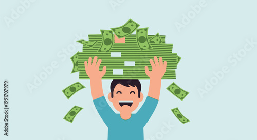 Happy man holding a large stack of money above his head.