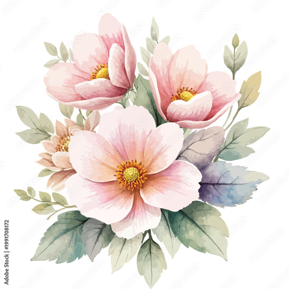 Obraz premium Watercolor Pink Peony Bouquet with Green Leaves
