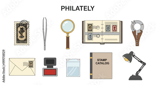Collection of philately tools and materials displayed against a white background