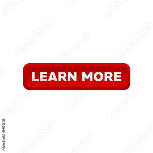 Learn more, red rectangular 3d button - vector illustration