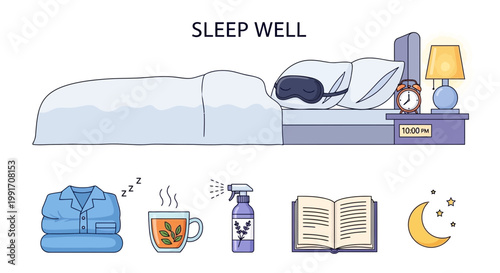 Illustration depicting a person sleeping with sleep aids below