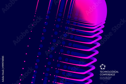 Technologycal conference event. Multiple dots create a block shape with a color transition and glow. Curved lines pulsate with electrical energy and movement. Suitable for digital projects. Microphone