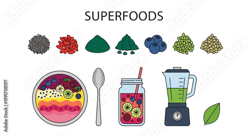 Illustration of various superfoods smoothie bowl drink blender and leaf